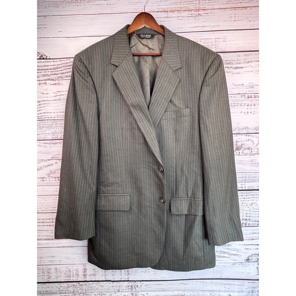 Jos A Bank Mens 44L Grey Pinstripe 100% Wool 2-Button‎ Blazer Sport Coat Jacket